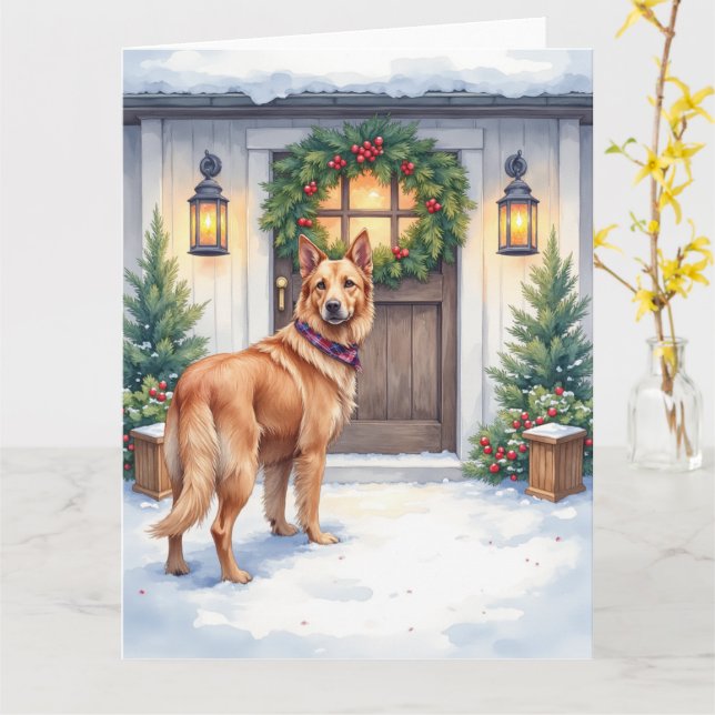 Cartão Watercolor Belgian Laekenois Farmhouse Christmas (Flor Amarela)