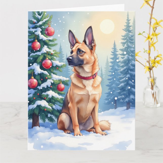Cartão Watercolor Belgian Malinois Evergreen Christmas (Flor Amarela)