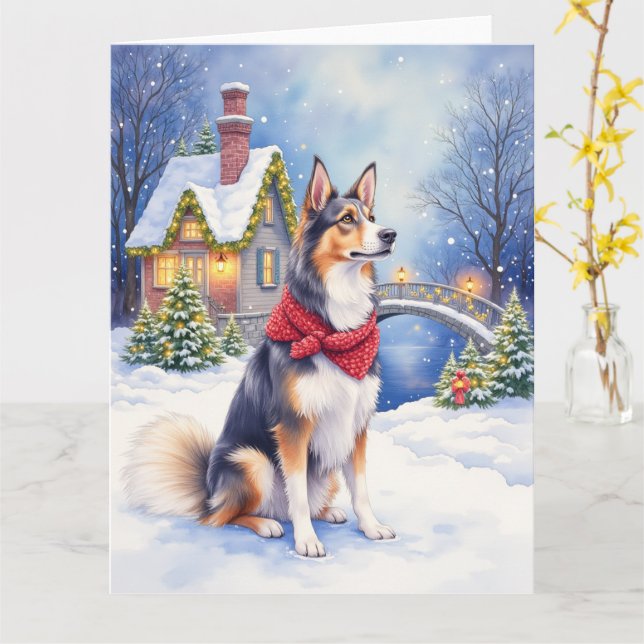 Cartão Watercolor Belgian Sheepdog Winter Christmas (Flor Amarela)