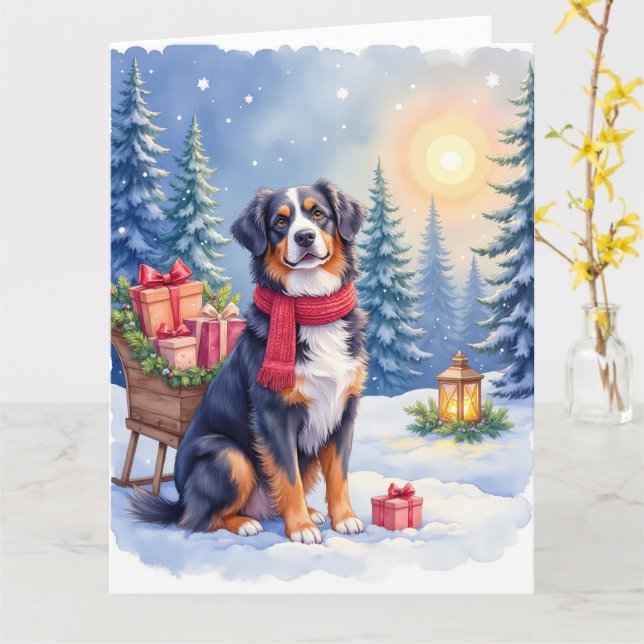 Cartão Watercolor Bernese Mountain Dog Sleigh Christmas (Flor Amarela)