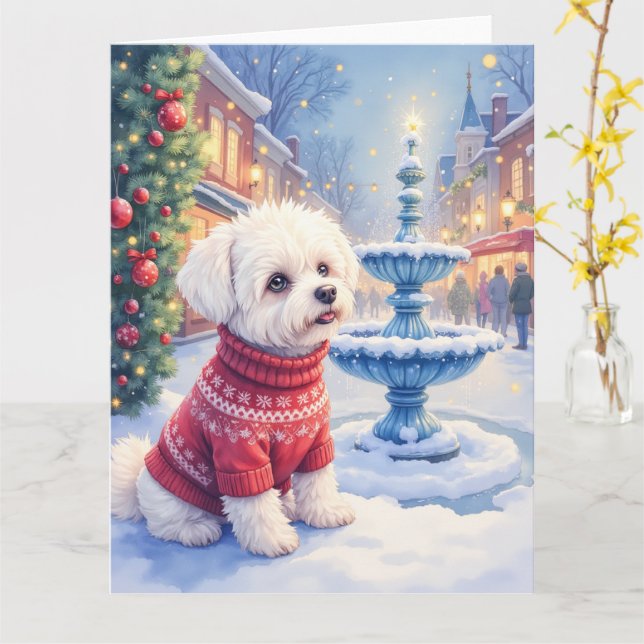 Cartão Watercolor Bichon Frise Festive Fountain Christmas (Flor Amarela)
