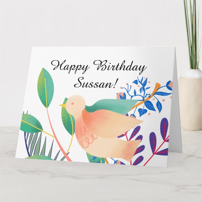 Cartão Watercolor Bird Happy Birthday deseja texto fotogr (Frente)