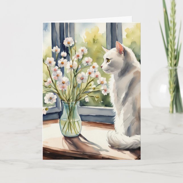Cartão Watercolor Birthday Cat and Daisies (Frente)
