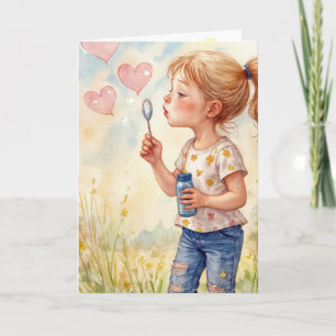 Cartão Watercolor Birthday Girl soprando bolhas de coraçã