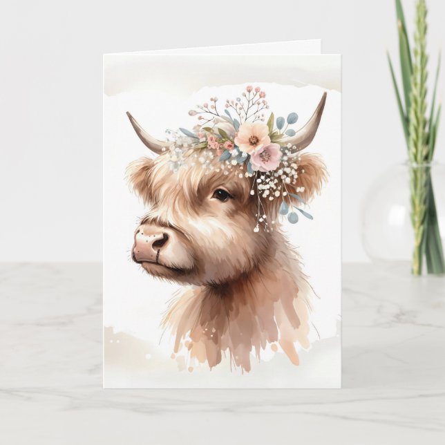 Cartão Watercolor Birthday Highland Cow (Frente)