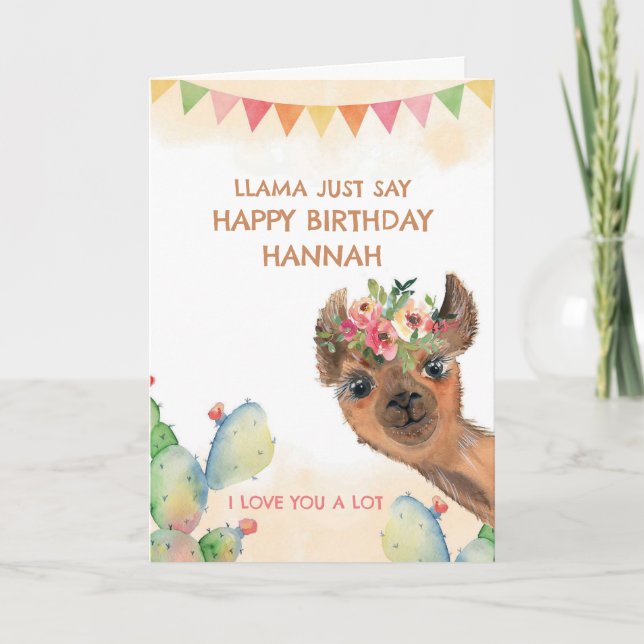 Cartão Watercolor Birthday Llama (Frente)