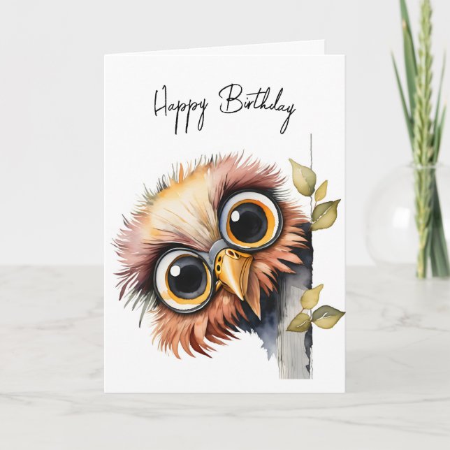 Cartão Watercolor Birthday Owl (Frente)