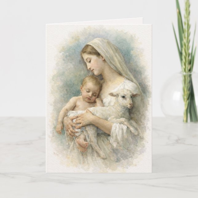 Cartão Watercolor  Blessed Virgin Mary Jesus Lamb (Frente)