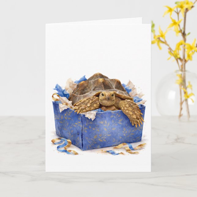 Cartão Watercolor Blue and Gold Birthday Gift Turtle (Flor Amarela)