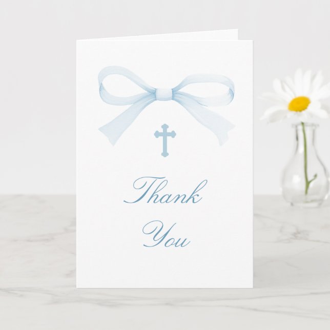 Cartão Watercolor Blue Bow Holy Cross Religious Thank You (Planta pequena)