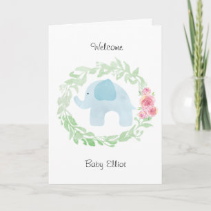 Cartão Watercolor Blue Elephant Welcome Baby