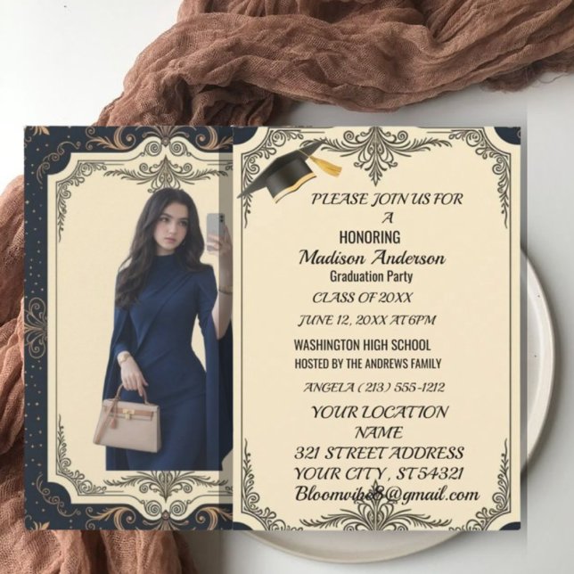 Cartão Watercolor Blue Gold Marble Agate Graduation Party (Criador carregado)