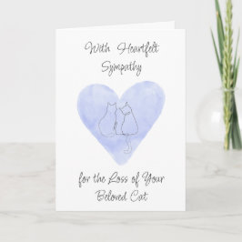 Cartão Watercolor Blue Heart with Cat Drawing Sympathy