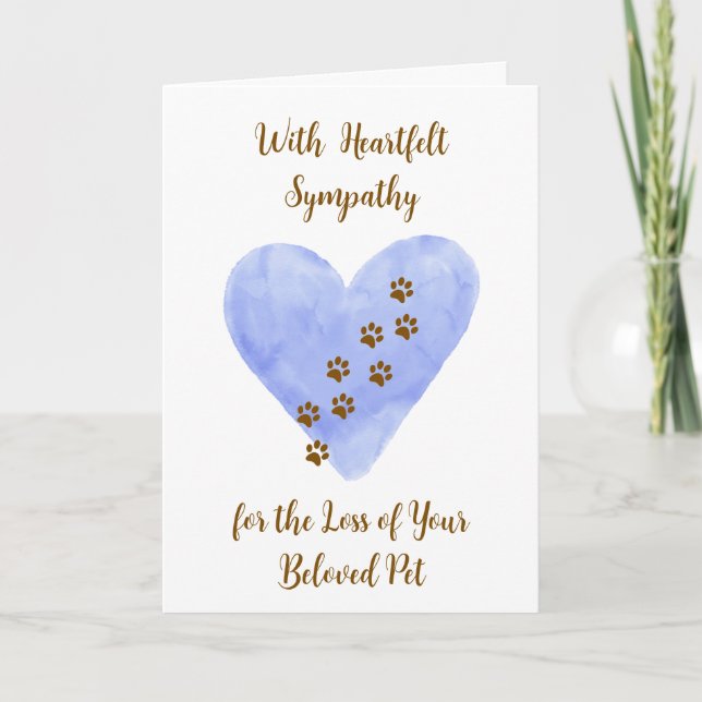 Cartão Watercolor Blue Heart with Pet Paws Sympathy (Frente)