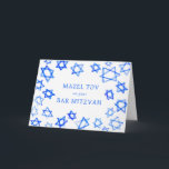 Cartão Watercolor Blue Stars MAZEL TOV Bar Mitzvah<br><div class="desc">Uma carta perfeita para o MAZEL TOV enviar para um morcego mitzvah, bar mitzvah ou outra comemoração judaica! A mão fez a aquarela arte para você na frente e no dentro vazio! TOTALMENTE PERSONALIZÁVEL! Clique em "Personalizar" acima para editar o texto. Clique em "editar usando a ferramenta design" para ajustar...</div>