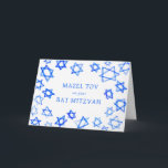 Cartão Watercolor Blue Stars MAZEL TOV Bat Mitzvah<br><div class="desc">Uma carta perfeita para o MAZEL TOV enviar para um morcego mitzvah, bar mitzvah ou outra comemoração judaica! A mão fez a aquarela arte para você na frente e no dentro vazio! TOTALMENTE PERSONALIZÁVEL! Clique em "Personalizar" acima para editar o texto. Clique em "editar usando a ferramenta design" para ajustar...</div>