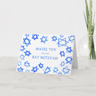 Cartão Watercolor Blue Stars MAZEL TOV Bat Mitzvah