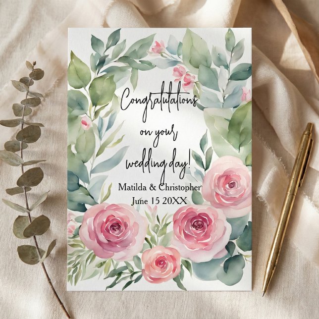 Cartão Watercolor Blush Pink Rose & Eucalyptus Wedding (Criador carregado)