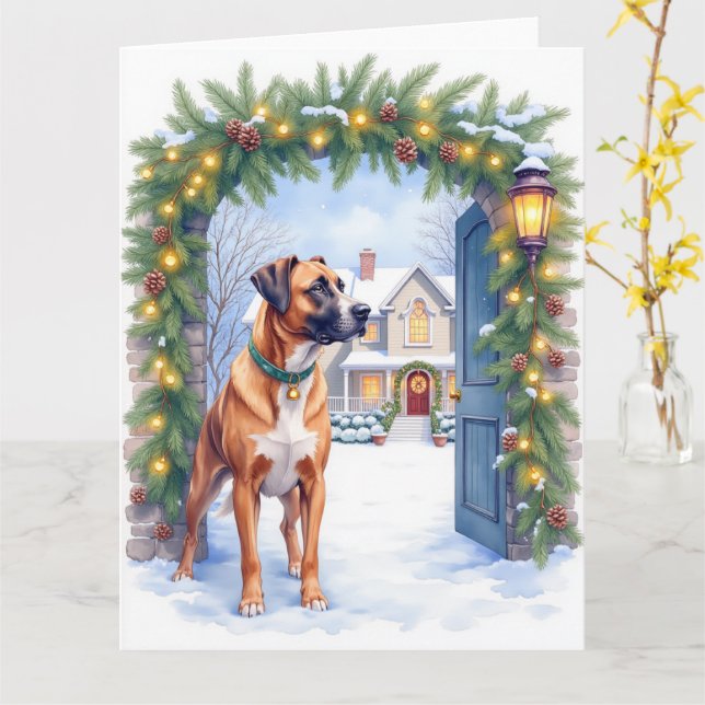 Cartão Watercolor Boerboel Farmhouse Gate Christmas (Flor Amarela)