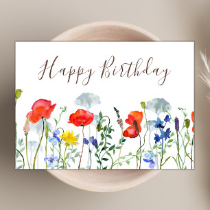 Cartão Watercolor Boho Wildflower Poppies Feliz Aniversár