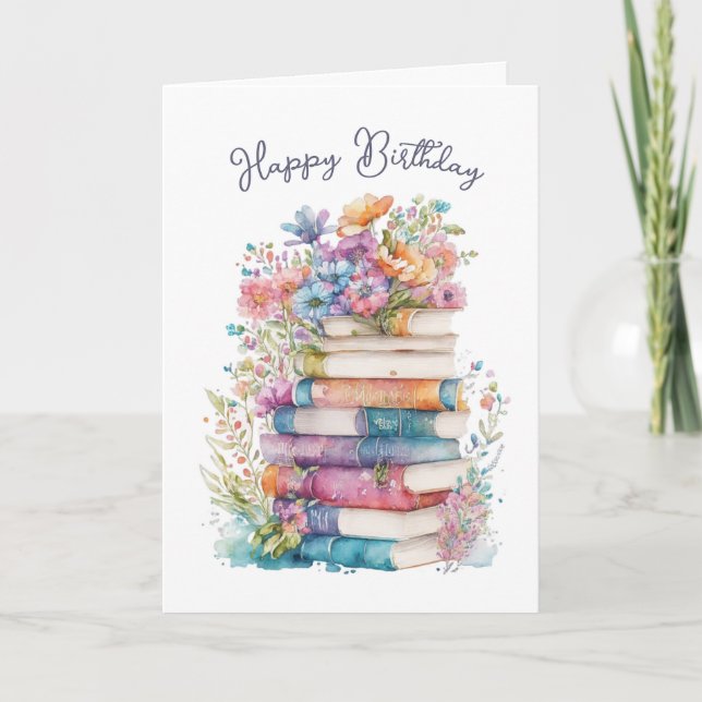 Cartão Watercolor Bookworm Birthday (Frente)
