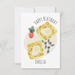 Cartão Watercolor Breakfast Waffles Fruta Plate Aniversár