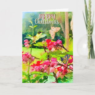 Cartão Watercolor Butterflies and Hummingbird Christmas