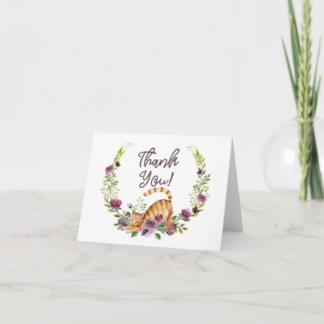 Cartão Watercolor Cat and Flowers Thank You (Frente)