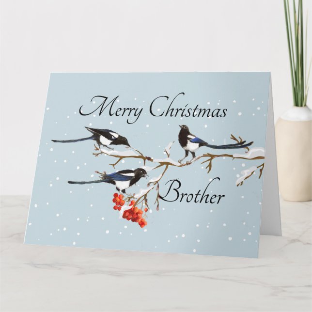Cartão Watercolor Christmas Holly Magpie Bird Brother (Frente)