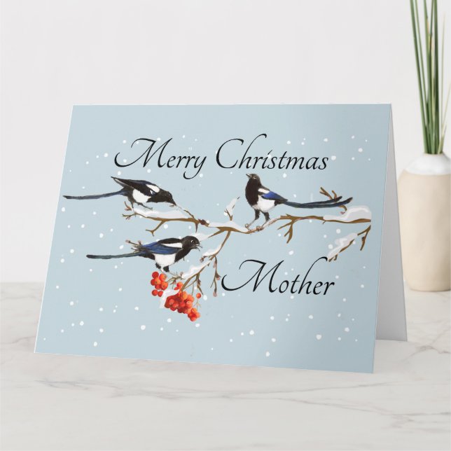 Cartão Watercolor Christmas Holly Magpie Bird Mãe (Frente)