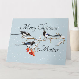 Cartão Watercolor Christmas Holly Magpie Bird Mãe