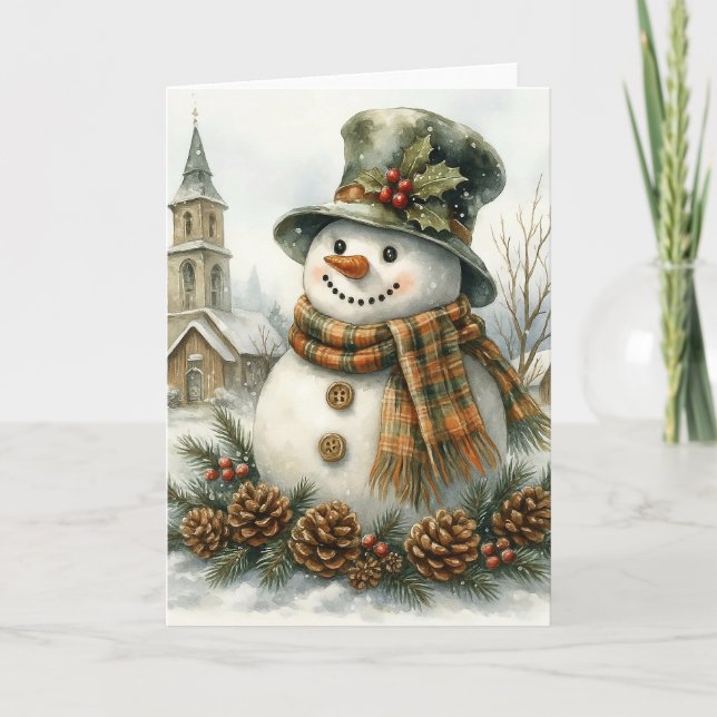Cartão Watercolor Christmas Snowman Cozy Winter Holiday  (Frente)