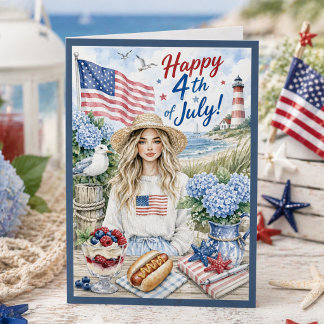Cartão Watercolor Coastal Patriotic Happy 4th of July