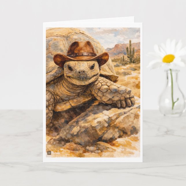 Cartão Watercolor Cowboy Turtle in the desert (Planta pequena)