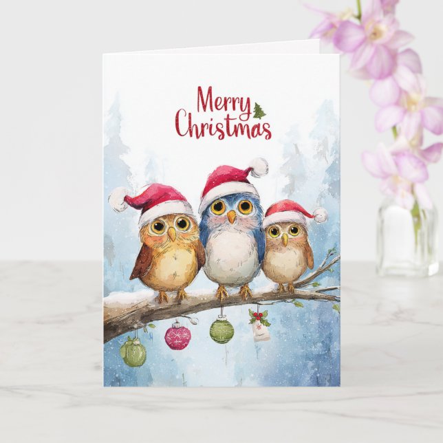 Cartão Watercolor Cute Owls Whimsical Christmas Folded (Orquídea)