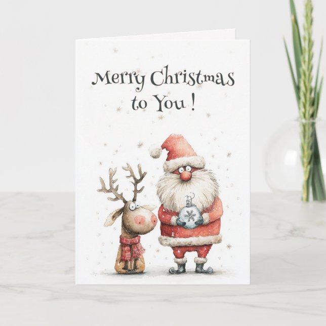 Cartão Watercolor Cute Whimsical Merry Christmas Folded  (Frente)