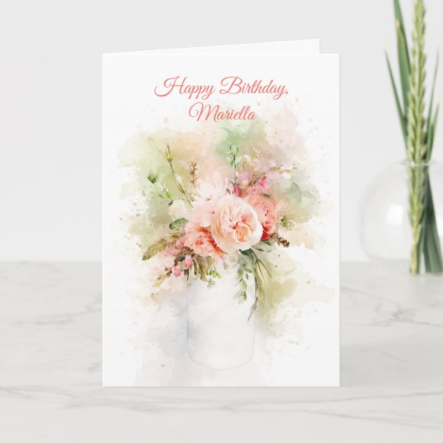 Cartão Watercolor Effect Flowers in Vase Birthday  Card (Frente)