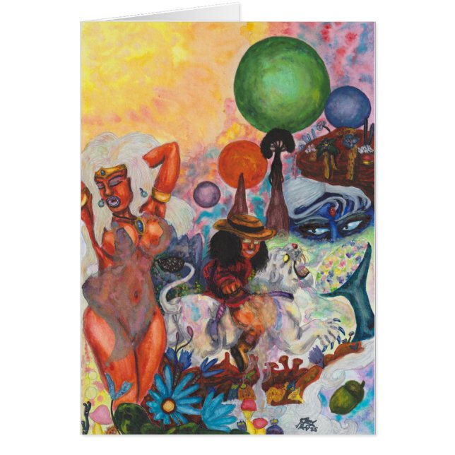 Cartão Watercolor Fantasy Eros rides white Lioness Woman (Frente)