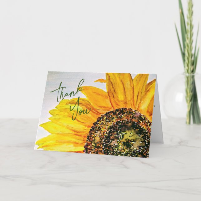 Cartão Watercolor Floral Sunflower Obrigado (Frente)