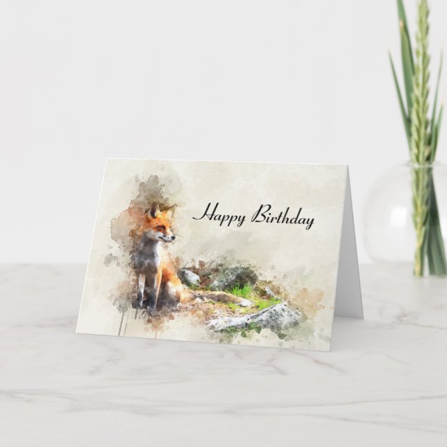 Cartão Watercolor Fox and Scenery Happy Birthday (Frente)