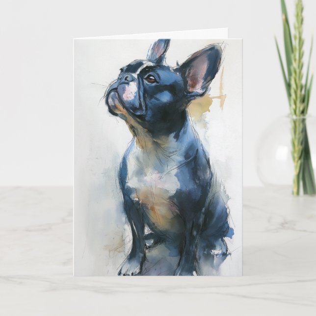 Cartão Watercolor French bulldog sitting (Frente)