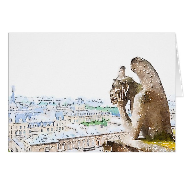 Cartão Watercolor Gargoyle de Notre Dame (Frente Horizontal)