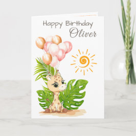 Cartão Watercolor Giraffe Kids Birthday Card with Name
