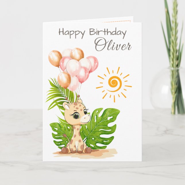 Cartão Watercolor Giraffe Kids Birthday Card with Name (Frente)