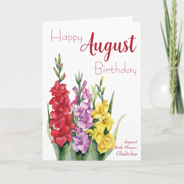 Cartão Watercolor Gladiolus August Birthday (Frente)
