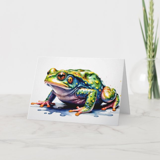 Cartão Watercolor Green Frog, Cute Colorful Toad  (Frente)