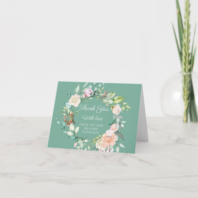 Cartão Watercolor Greenery Floral Weding Obrigado (Frente)