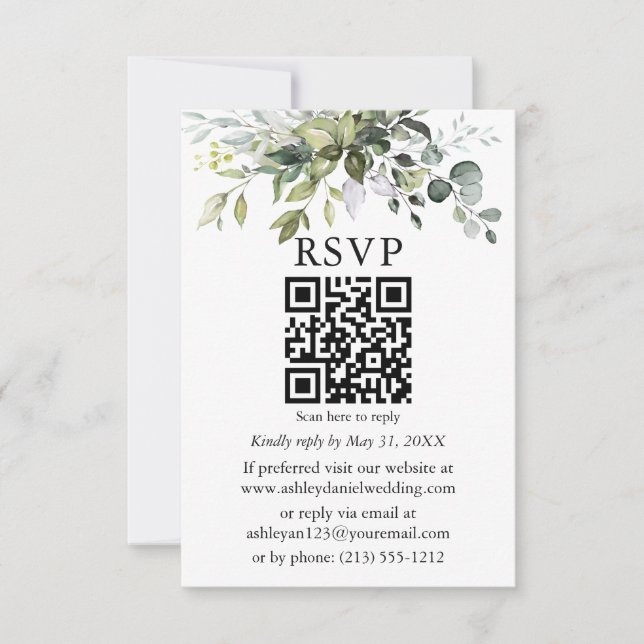 Cartão Watercolor Greenery Wedding QR RSVP (Frente)
