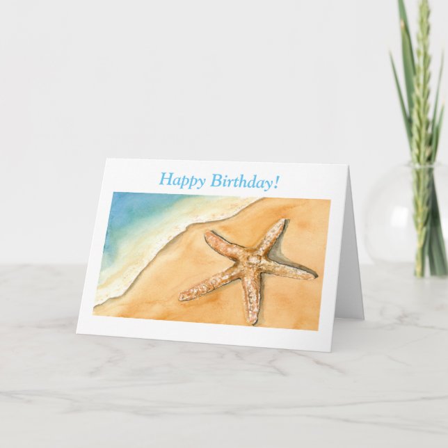 Cartão Watercolor Happy Birday Starfish, Em Praia (Frente)