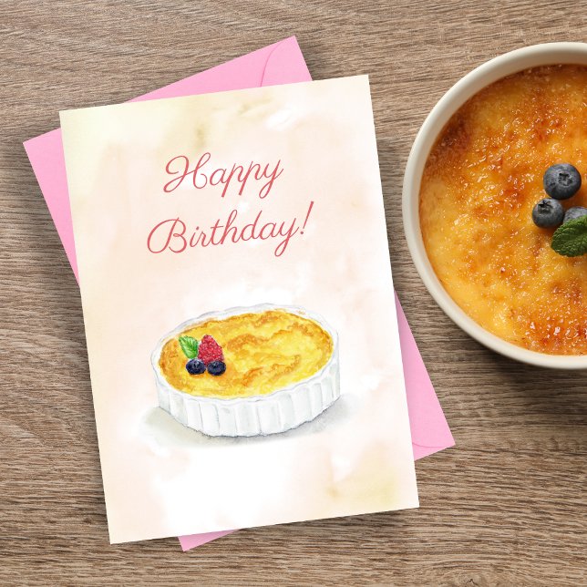 Cartão Watercolor Happy Birthday Creme Brûlée (Indulge their senses with this Crème Brûlée card, an artistic delight.)
